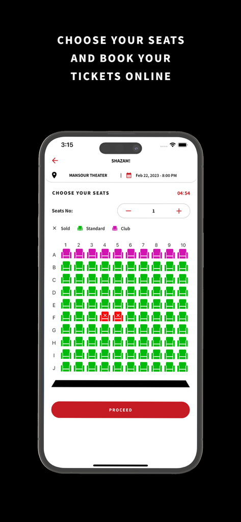 Écran d'application mobile pour Iraqi Cinema montrant un plan de salle de cinéma pour la réservation de billets en ligne