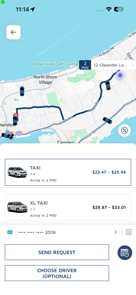 Interface of Hitch Bermuda taxi app showing a map with vehicle locations and pricing for taxi options