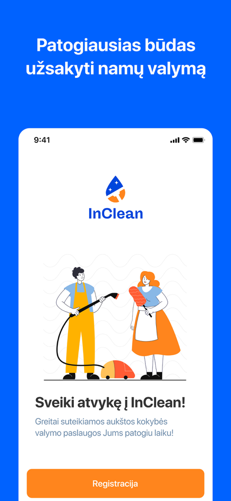 Schermata di benvenuto dell'app di pulizie per la casa InClean con un'illustrazione di professionisti delle pulizie e un pulsante di registrazione