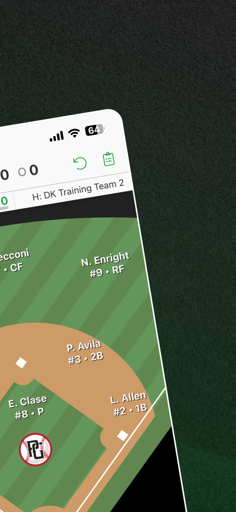 DiamondKast Scoring App - DiamondKast Scoring App interface showing player positions on a baseball field diagram