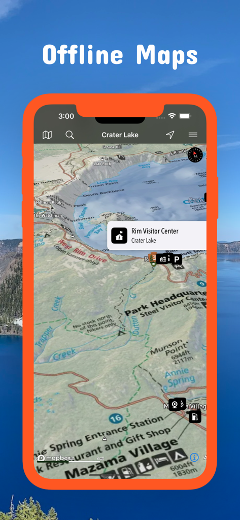 Oregon Pocket Maps - Oregon Pocket Maps app interface showing a topographical offline map of Crater Lake with visitor center pins