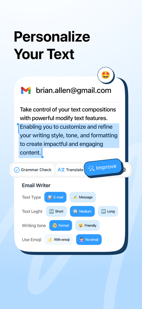 Interface du Clavier IA Friday montrant les options de l'assistant d'écriture d'e-mails pour la longueur du texte, le ton d'écriture et l'utilisation d'emojis.