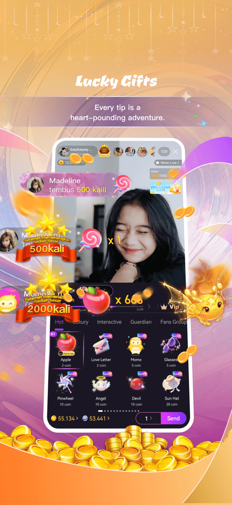 Momo Live app interface displaying a live stream with interactive virtual gifts