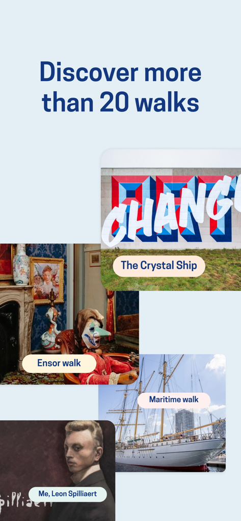 Ostend City Walks - Interface of the Ostend City Walks app showing various walking tour options like the Ensor walk and Crystal Ship tour