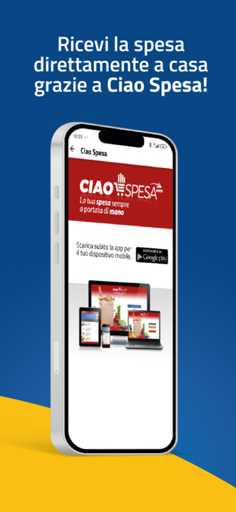 Mondo Mizzica - Screenshot dell'app Mondo Mizzica che mostra la promozione del servizio di consegna della spesa a domicilio Ciao Spesa