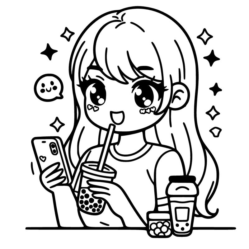 girl drinking boba on her phone with skincare