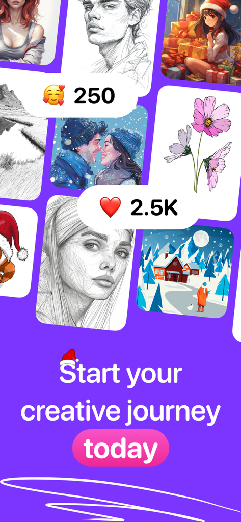 ARtie: AR Drawing & Sketch - Un collage de divers croquis et illustrations numériques dans la galerie de l'application ARtie, présentant des likes sociaux et l'appel à l'action « commencez votre voyage créatif dès aujourd'hui ».