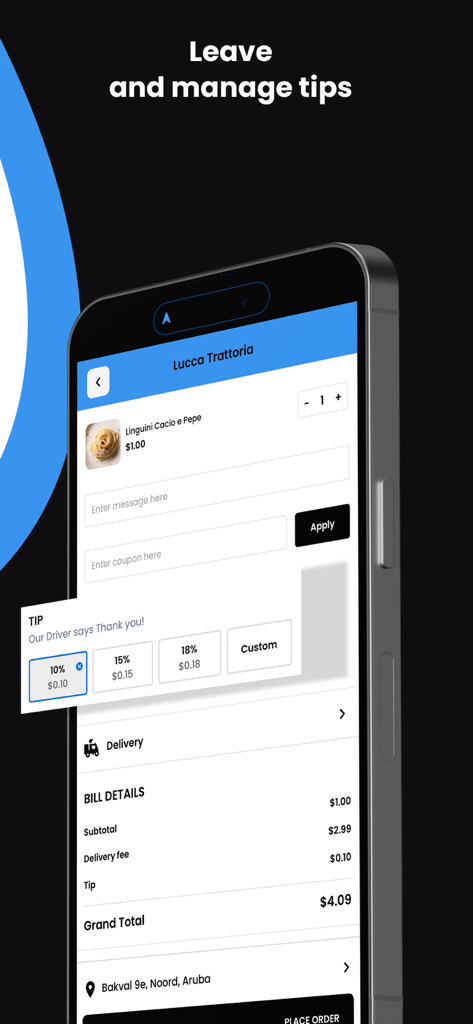 Aruba To You - Food Delivery - Aruba To You app checkout screen showing tip selection and order total
