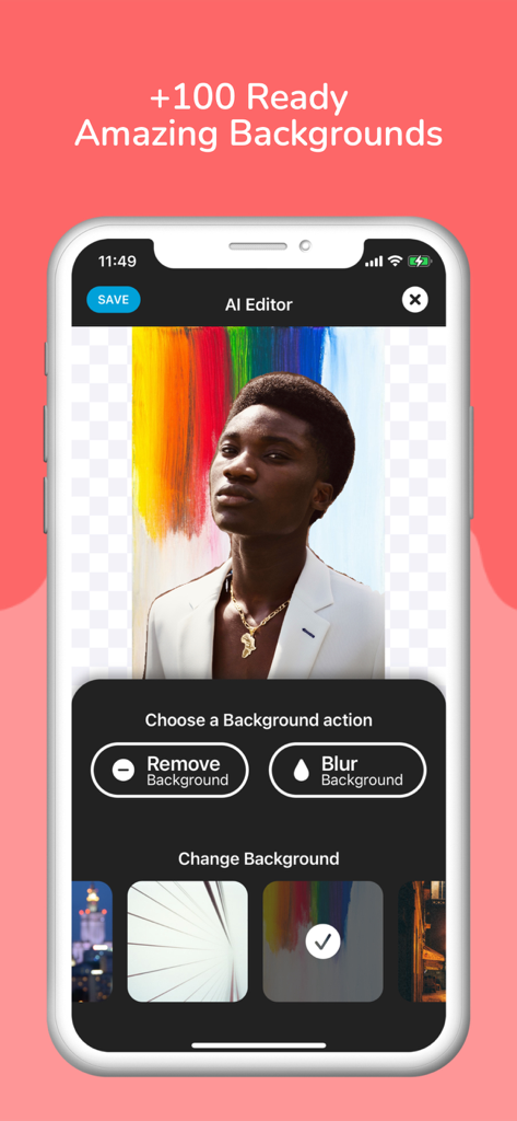 Background Remover mobile app interface showing AI editor tools to change or blur backgrounds with ready-to-use templates