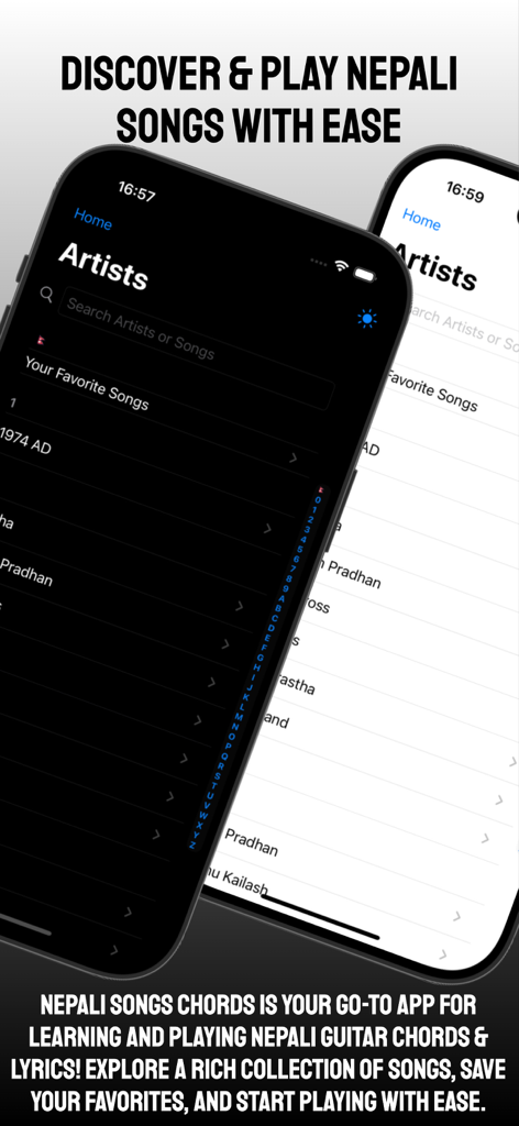 Nepali Guitar Chords - Nepali Guitar Chords app interface showing the artist directory in dark and light modes with search functionality