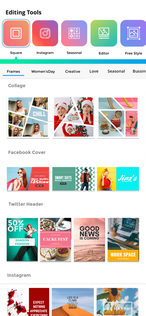 A display of social media editing tools and templates for collages Facebook covers and Instagram posts