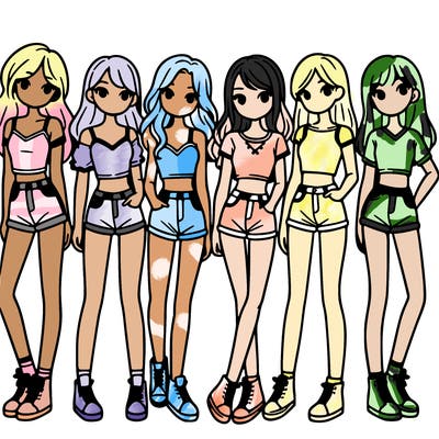 a group of girls wearing crop tops and shorts