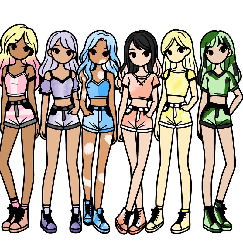 a group of girls wearing crop tops and shorts