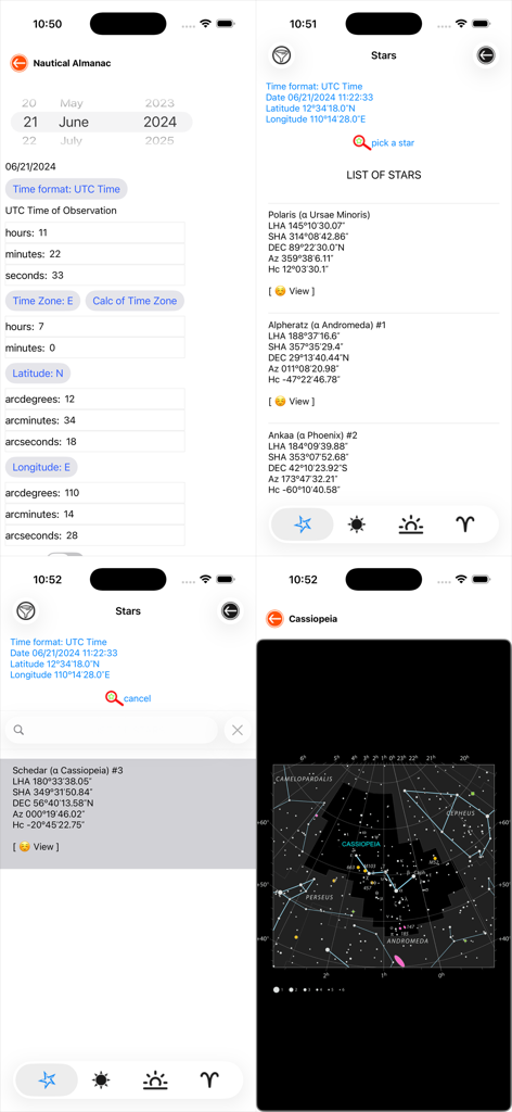 Nautical Calculator 미리보기 앱 스크린샷, 천체 항법 도구 및 항성 지도 표시