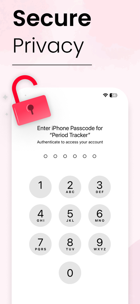 Passcode lock screen for a period tracker app ensuring user privacy and data security