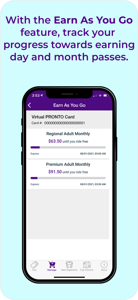 Écran de l'application mobile montrant la fonction Gagnez à mesure que vous utilisez avec des barres de progression pour les passes de transport mensuels à San Diego