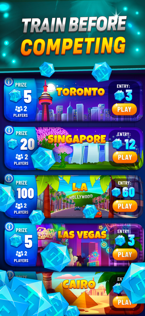 21 Jack - Blackjack Real Money - Pantalla de selección de torneos para 21 Jack mostrando varias ubicaciones de ciudades y premios acumulados