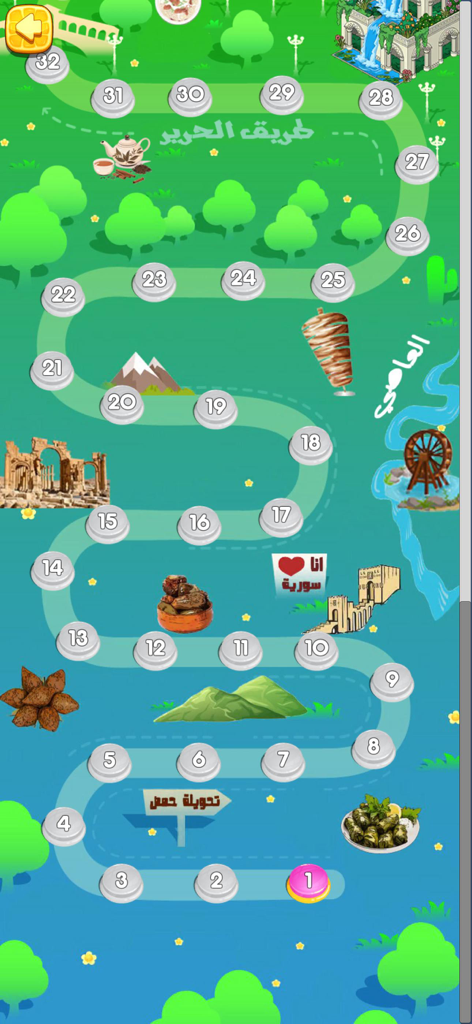 الكلمات المتقاطعة - ألعاب مهند - 文化的なランドマークと番号付きのステージを通るパスを示す、アラビア語クロスワードパズルゲームのレベルマップ