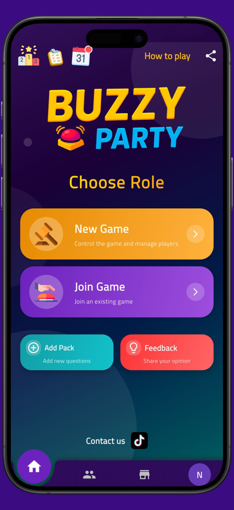 Menú principal de la aplicación Buzzy Party mostrando opciones para iniciar o unirse a un juego
