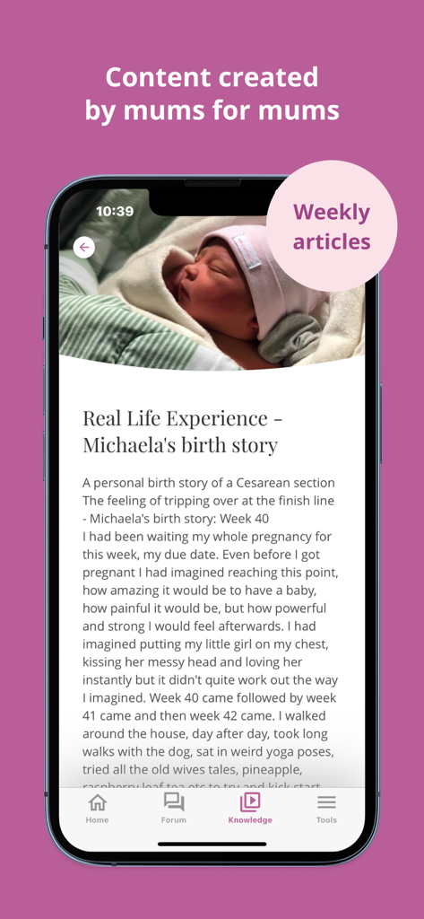 Baby Mam Pregnancy Tracker - Baby Mam app interface showing a real life birth story article in the knowledge section for expectant mothers