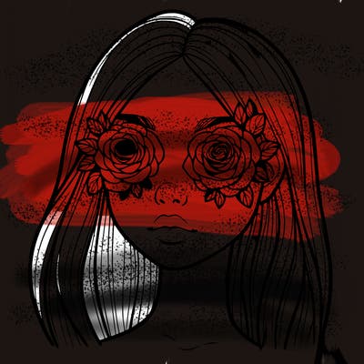 a realistic girl with roses for eyes