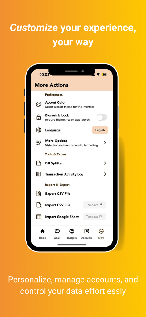 XMoney: All Your Money Moves - XMoney app settings screen featuring biometric lock, theme customization, and CSV export options.