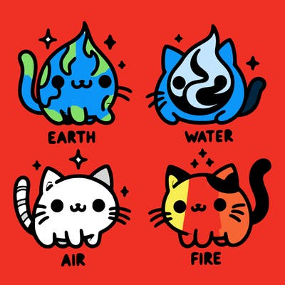 4 cats that represent the different elements, earth, water, air, and fire