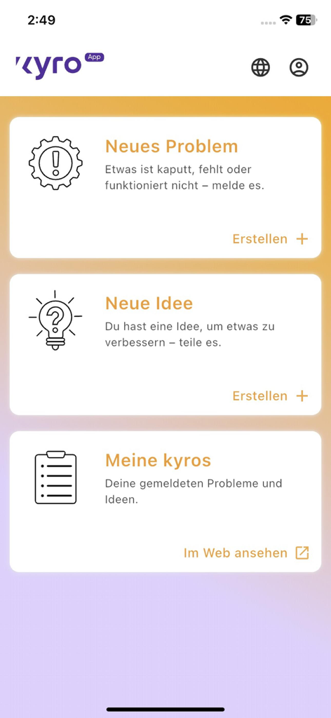 kyro App - Painel principal do kyro app para relatar problemas industriais e ideias de melhoria