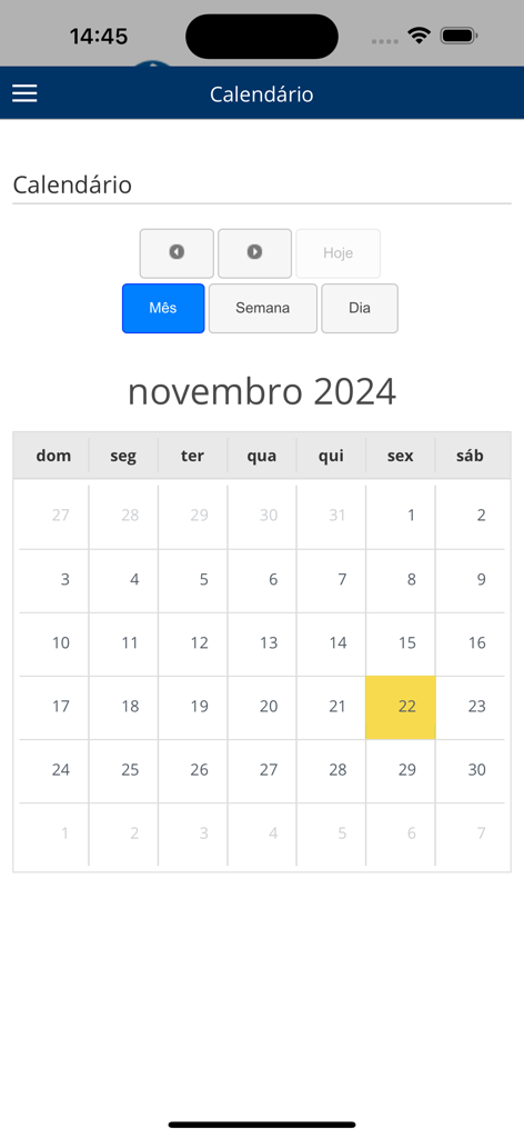 Aluno Einstein - Calendário acadêmico mensal para novembro de 2024 dentro do aplicativo do portal do aluno Aluno Einstein