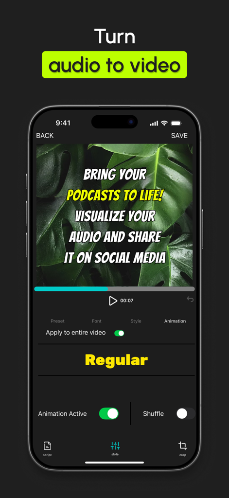AutoCap: Auto Video Captions - AutoCap app interface showing audio to video visualization for social media posts