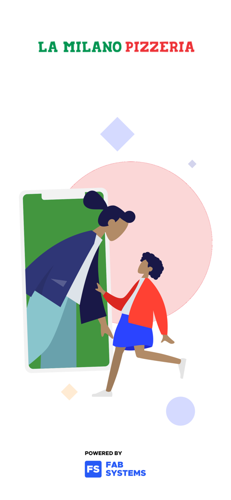 La Milano Pizzeria App Splash Screen mit einer bunten Illustration einer Frau und eines Kindes sowie eines Mädchens.