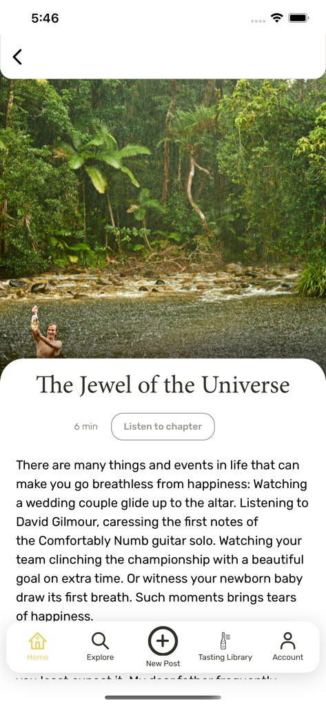 La aplicación Champagne Club muestra un artículo editorial titulado La Joya del Universo con una imagen escénica de la jungla