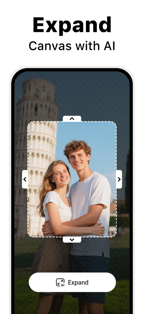 Video Enhancer - Utool - Smartphone-Bildschirm, der die AI Expand-Funktion in Utool demonstriert, um Fotohintergründe mit generativem Füllen zu erweitern