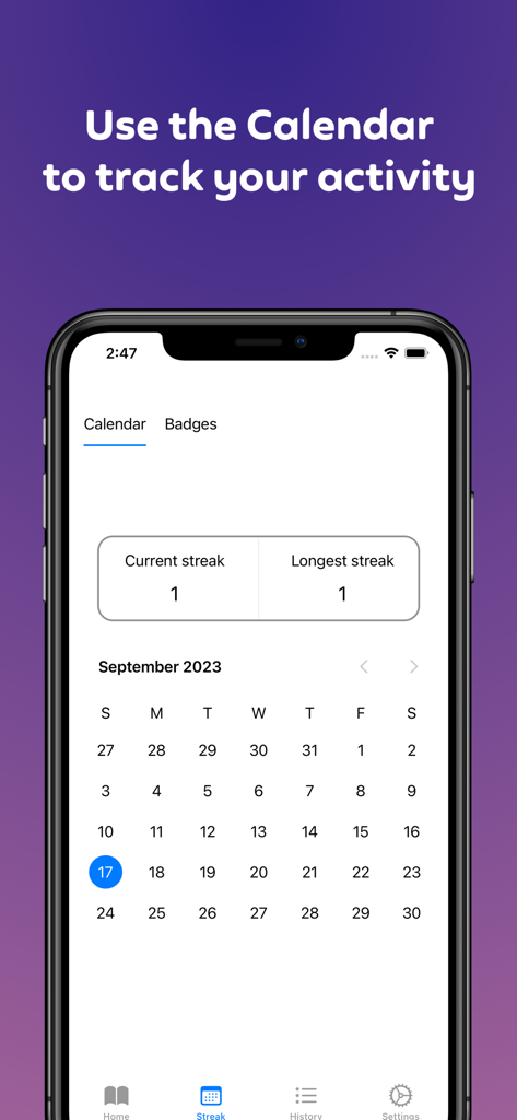 Smartphone screen showing the calendar and activity streak feature of the Quotes app