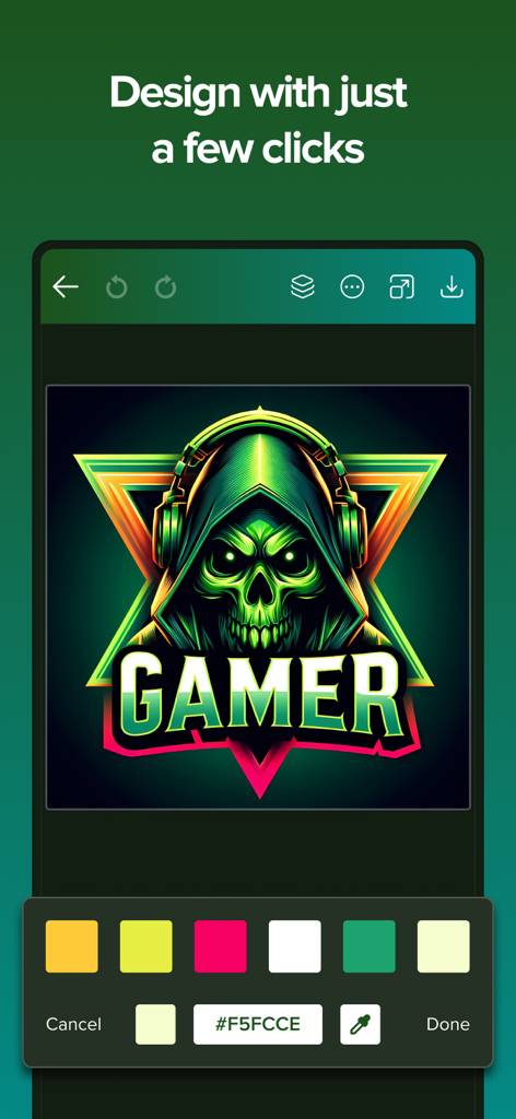 Logo Esport Maker - Mascot - Interface of an esport logo maker app showing a skull mascot design with customization tools