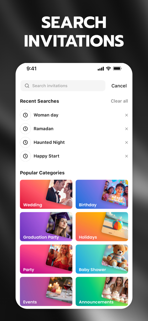 Invitation Maker + RSVP - Tela de aplicativo móvel mostrando a barra de pesquisa e categorias populares de convites como Casamento, Aniversário e Chá de Bebê.