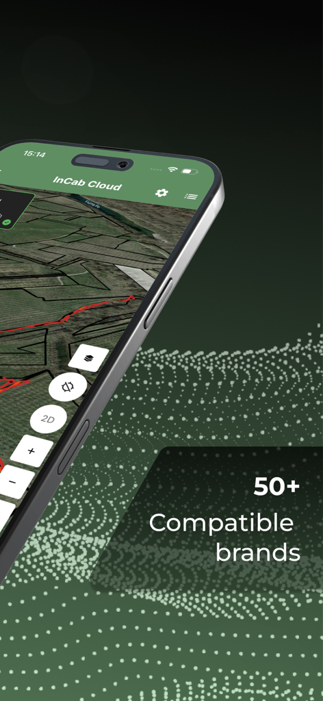 Interfaccia dell'app xFarm che mostra la mappatura dei campi e la compatibilità con oltre 50 marchi di macchinari