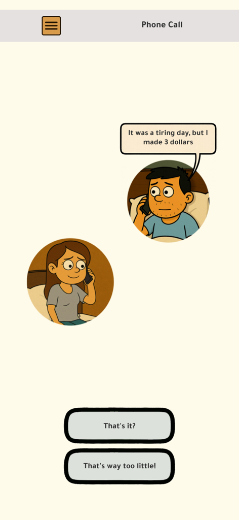 A screenshot of Zain's Hero Story showing a phone call dialogue between characters with interactive response choices.