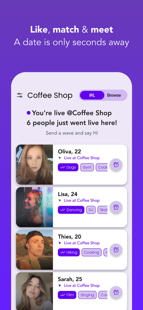 Interfaz de la app de citas Krown mostrando varios perfiles de usuarios activos en una cafetería local