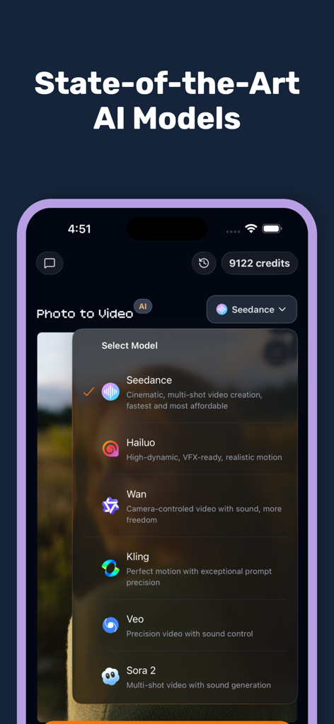 A mobile app interface displaying a selection of AI video generation models like Seedance, Hailuo, Kling, and Sora 2.