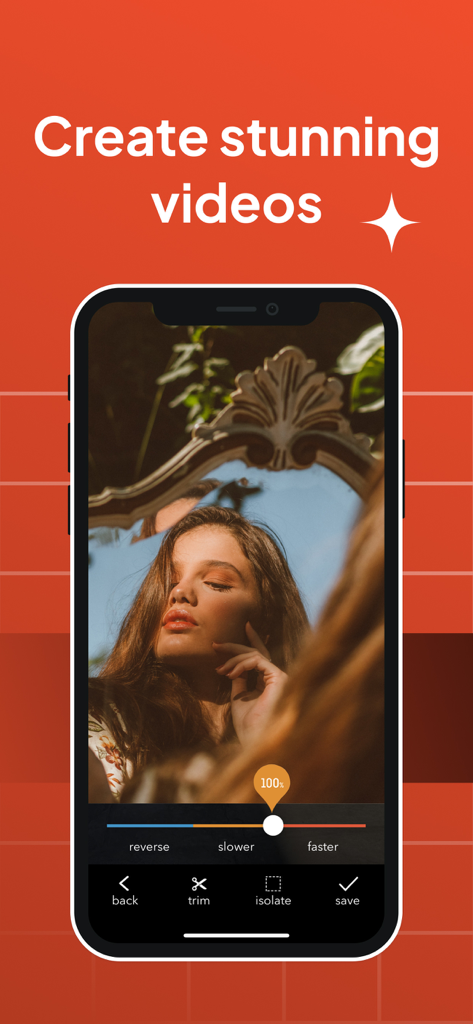 Interface do aplicativo Slo Mo mostrando um mostrador de ajuste de velocidade para tornar os vídeos mais lentos ou mais rápidos