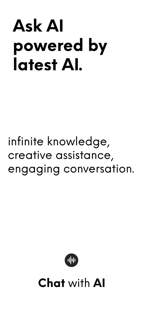 Tela introdutória do aplicativo Ask AI destacando recursos como conhecimento infinito e assistência criativa