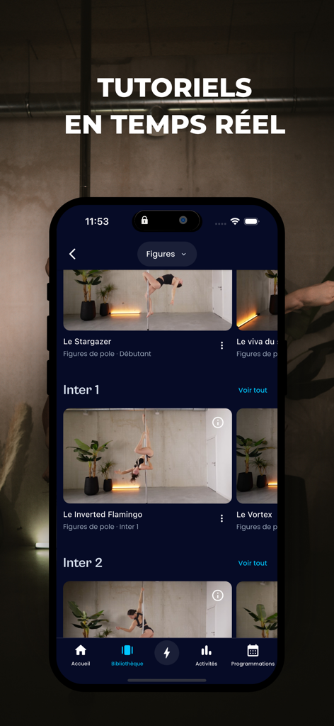 Captura de pantalla de la biblioteca de la aplicación Pole Therapy que muestra varios tutoriales de video de pole dance categorizados por nivel de dificultad.
