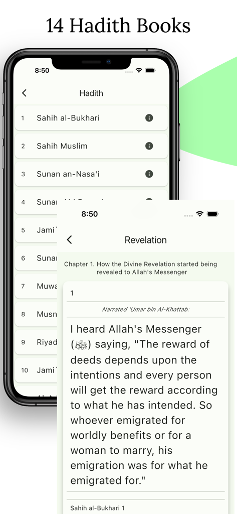 Islamtics: Quran, Qibla & Azan - Mobile screen showing a collection of Hadith books and a specific narration from Sahih al-Bukhari in the Islamtics app.