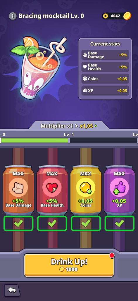 Tower Defense: Lazy Apocalypse - Pantalla de mejora en el juego que muestra un cóctel de fortalecimiento y estadísticas de bonificación para daño base, salud, monedas y XP en Tower Defense Lazy Apocalypse