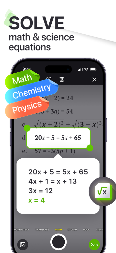 My Scanner: Scan to PDF & Edit - Écran de smartphone montrant l'application My Scanner résolvant une équation mathématique étape par étape