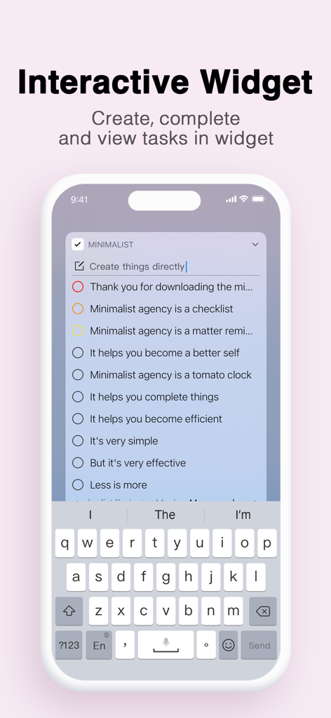 Schermata dello smartphone che mostra un widget interattivo per l'app MinimaList che consente agli utenti di creare e completare attività direttamente dalla schermata Home.