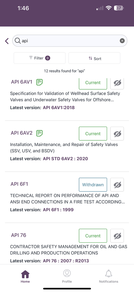 i2i - Search results for API industry standards in the i2i mobile app showing current and withdrawn versions