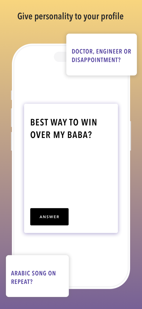 baklava: Arab Relationships - Baklava-App-Oberfläche mit kulturell relevanten Persönlichkeitsanregungen für arabische Dating-Profile.