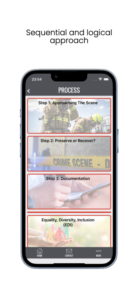 Crime Scene Assistant - Pantalla de la aplicación Asistente de Escena del Crimen que muestra los pasos secuenciales para el abordaje y la documentación de la escena.